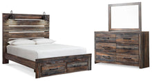Load image into Gallery viewer, Drystan Queen Panel Bed with 2 Storage Drawers with Mirrored Dresser