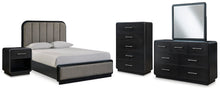 Load image into Gallery viewer, Rowanbeck Queen Upholstered Panel Bed with Mirrored Dresser, Chest and Nightstand