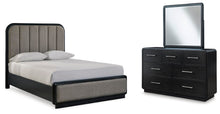 Load image into Gallery viewer, Rowanbeck Queen Upholstered Panel Bed with Mirrored Dresser
