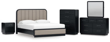 Load image into Gallery viewer, Rowanbeck California King Upholstered Panel Bed, Dresser, Mirror, Chest and Nightstand