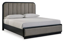 Load image into Gallery viewer, Rowanbeck California King Upholstered Panel Bed, Dresser, Mirror and Nightstand