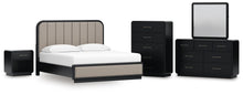 Load image into Gallery viewer, Rowanbeck King Upholstered Panel Bed, Dresser, Mirror, Chest and Nightstand