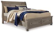 Load image into Gallery viewer, Lettner King Sleigh Bed with 2 Storage Drawers with Mirrored Dresser
