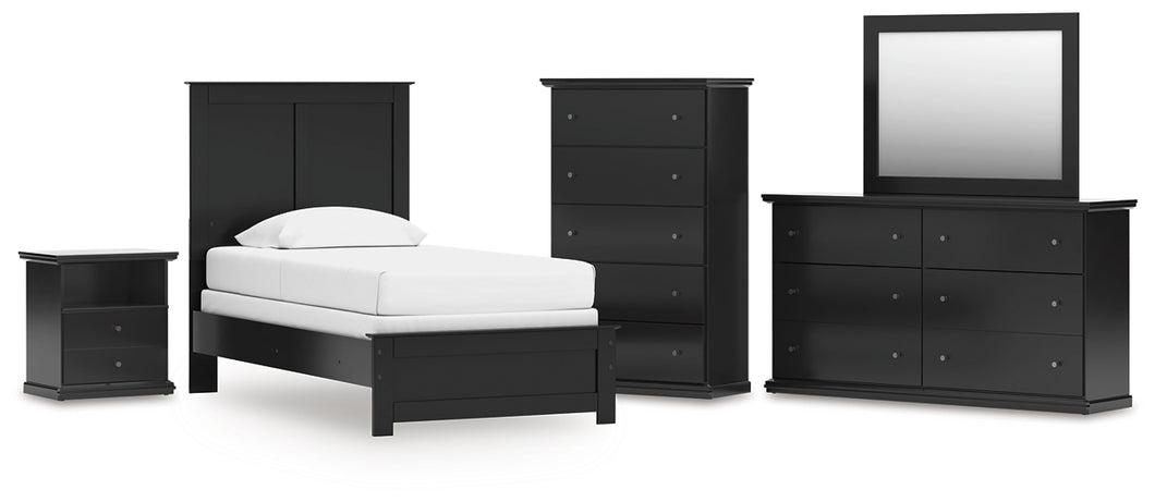 Maribel Twin Panel Bed with Mirrored Dresser, Chest and Nightstand