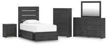 Load image into Gallery viewer, Hollivern Twin Panel Bed with Storage with Mirrored Dresser, Chest and Nightstand
