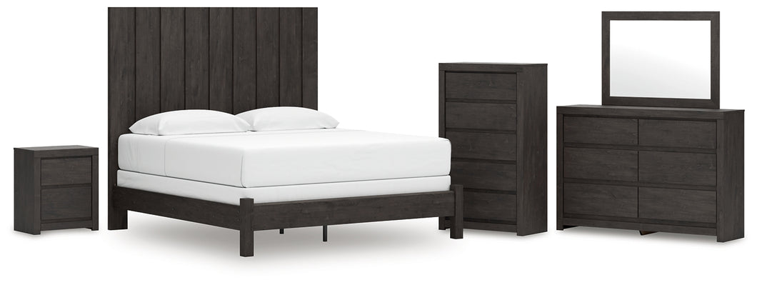 Fraluna King Panel Bed with Mirrored Dresser, Chest and Nightstand