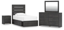 Load image into Gallery viewer, Hollivern Twin Panel Storage Bed with Mirrored Dresser and Nightstand
