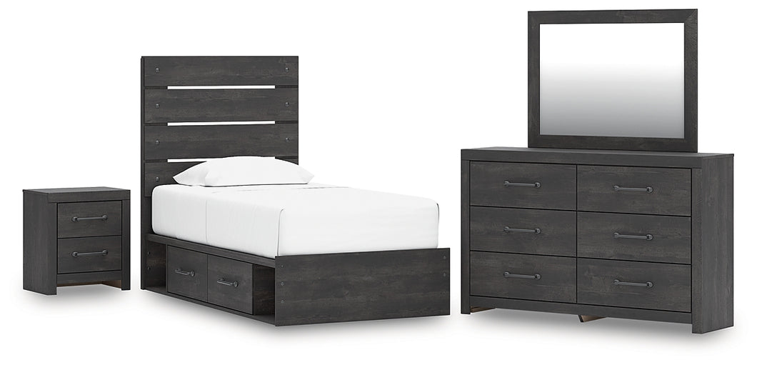 Hollivern Twin Panel Storage Bed with Mirrored Dresser and Nightstand