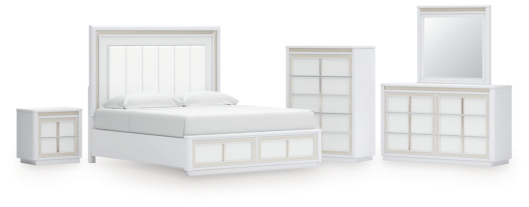 Chalanna King Upholstered Storage Bed with Mirrored Dresser, Chest and Nightstand