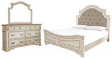 Load image into Gallery viewer, Realyn Queen Upholstered Panel Bed with Mirrored Dresser
