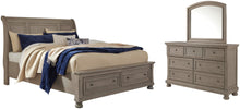 Load image into Gallery viewer, Lettner King Sleigh Bed with 2 Storage Drawers with Mirrored Dresser
