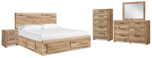Load image into Gallery viewer, Hyanna King Panel Storage Bed with 1 Under Bed Storage Drawer, Dresser, Mirror, Chest and Nightstand
