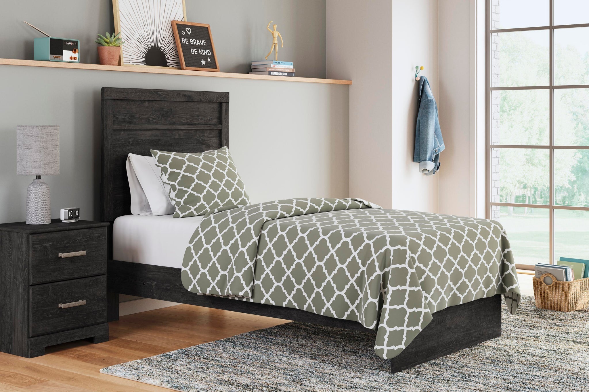 Load image into Gallery viewer, Belachime Twin Panel Bed with Mirrored Dresser, Chest and Nightstand