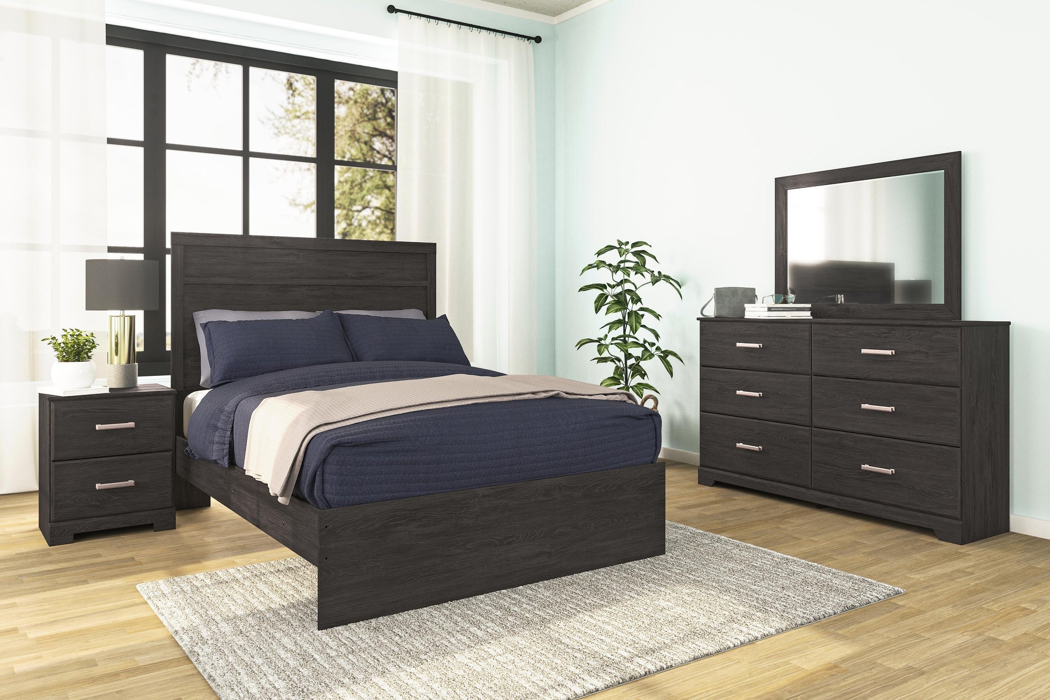 Load image into Gallery viewer, Belachime Full Panel Bed with Mirrored Dresser and Nightstand
