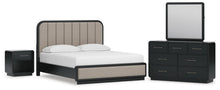 Load image into Gallery viewer, Rowanbeck California King Upholstered Panel Bed, Dresser, Mirror and Nightstand
