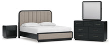 Load image into Gallery viewer, Rowanbeck King Upholstered Panel Bed, Dresser, Mirror and Nightstand
