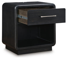 Load image into Gallery viewer, Rowanbeck King Upholstered Panel Bed, Dresser, Mirror and Nightstand
