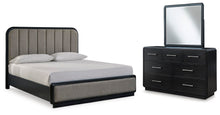 Load image into Gallery viewer, Rowanbeck King Upholstered Panel Bed with Mirrored Dresser
