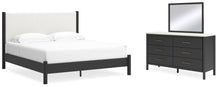 Load image into Gallery viewer, Cadmori King Upholstered Panel Bed, Dresser and Mirror
