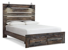 Load image into Gallery viewer, Drystan Queen Panel Bed with 2 Storage Drawers with Mirrored Dresser
